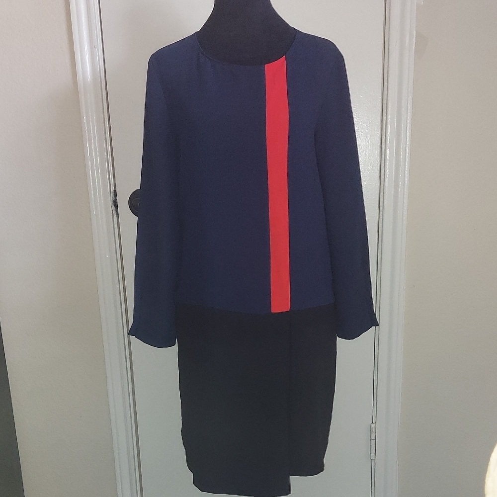 Zara Blue and Black Long Sleeve Sheath Dress